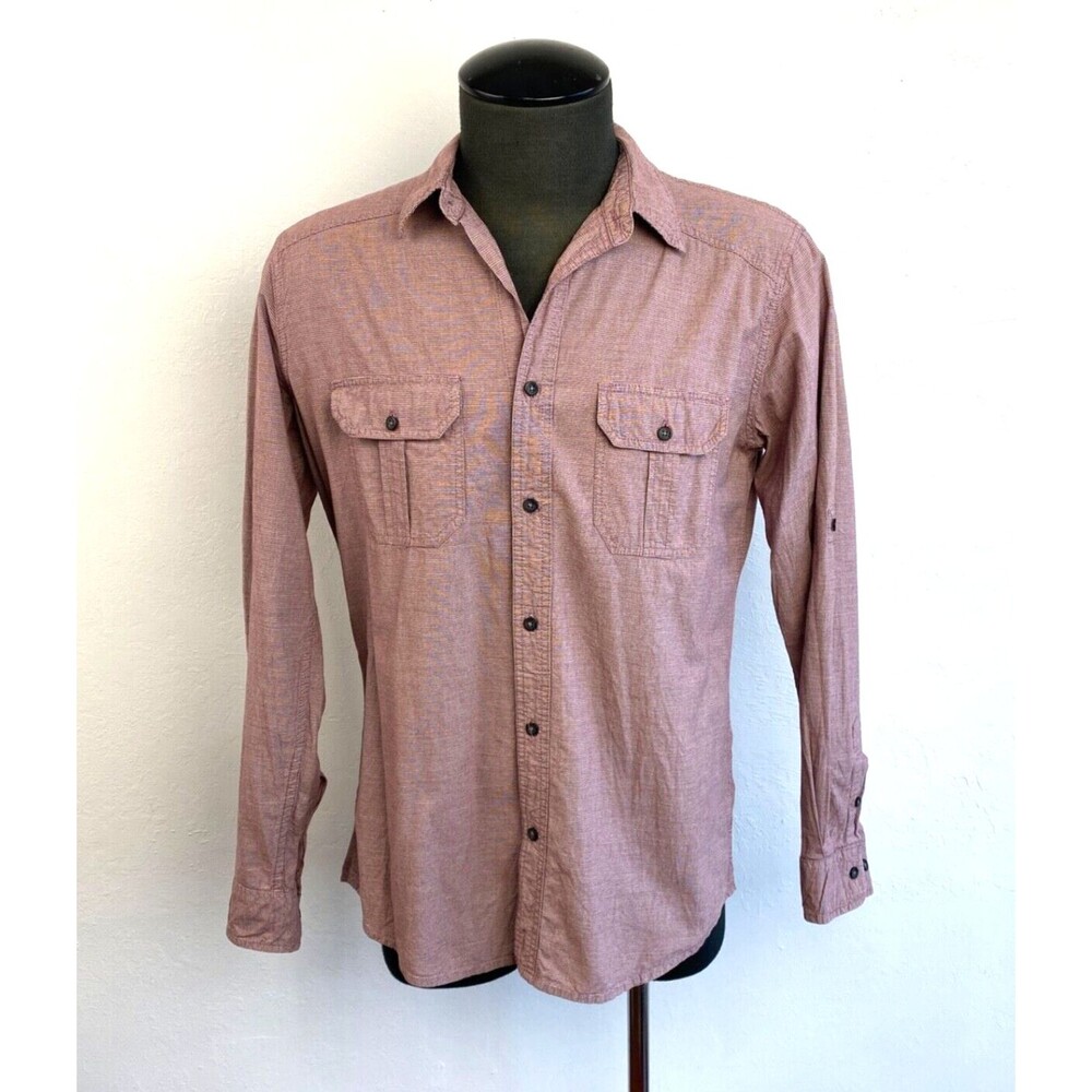 PD&C Mens Brown Shirt Large Button Up Rolled Long Sleeves Cotton Pockets Casual